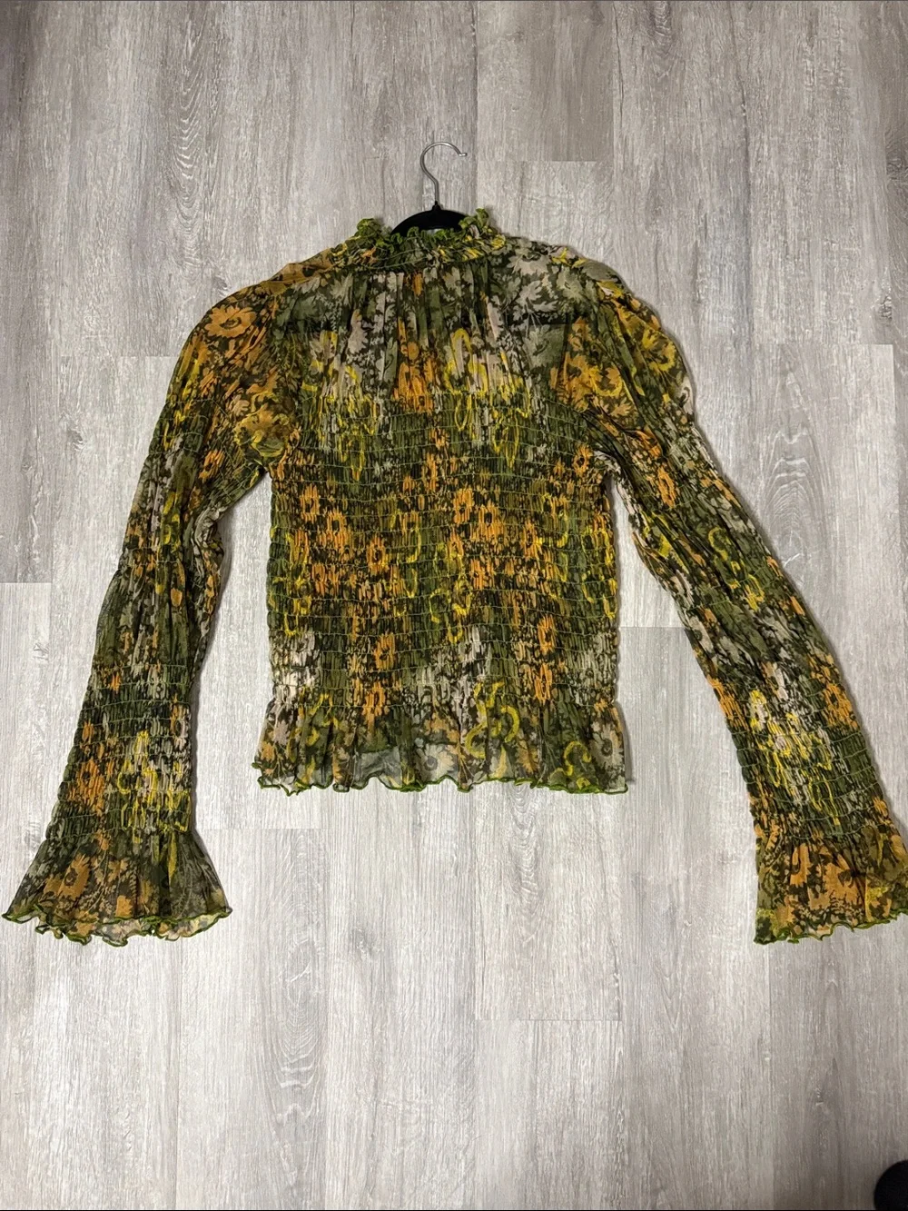 Free People Olive & Mustard Sheer Ruffle-Neck Floral Blouse